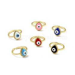 Enamel Teardrop with Evil Eye Open Cuff Ring, Gold Plated Brass Jewelry for Women, Cadmium Free & Lead Free, Mixed Color, US Size 7(17.3mm)