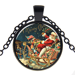 Weihnachtsthema Glas Anhänger Halsketten, mit Legierung-Zubehör, Flache Runde mit Vater Weihnachten, Metallgrau, 17.7 Zoll (45 cm), Anhänger: 27 mm