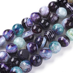 Natural Striped Agate/Banded Agate Beads Strands, Dyed & Heated, Round, Prussian Blue, 10mm, Hole: 1.2mm, about 37pcs/strand, 14.65 inch(37.2cm)