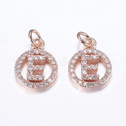 Brass Micro Pave Cubic Zirconia Pendants, Cadmium Free & Lead Free, Flat Round, Letter.E, Rose Gold, 16x10x2~2.5mm, Hole: 2.5~3mm