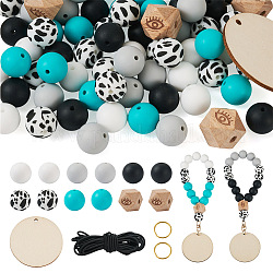 Pandahall DIY Bracelet Pendant Decoration Making Kit, Including Silicone Round with Cow Beads, Unifinished Wood Disc Pendants & European Beads, Polyester Elastic Cord, Mixed Color, 76Pcs/bag