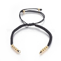 Fabbricazione di braccialetti di perline intrecciati con corde di nylon, con perline in ottone, placcato di lunga durata, vero placcato oro 24k, nero, 10-1/4 pollice (26 cm) ~ 11-5/8 pollici (29.6 cm)