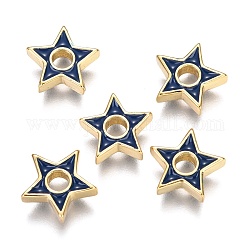 Perle di smalto in ottone, stella, vero placcato oro 18k, blu di Prussia, 10.2x10.4x2.7mm, Foro: 2.6 mm