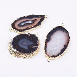 Natural Agate Links connectors, with Silver Tone Brass Findings, Nuggets, Coconut Brown, 54~76x29~50x3~6mm, Hole: 3mm