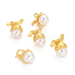 ABS Plastic Imitation Pearl Pendants, with Rack Plating Brass Finding and Jump Ring, Long-Lasting Plated, Rabbit, Golden, 15x13x9mm, Jump Ring: 6x1mm, Inner Diameter: 4mm