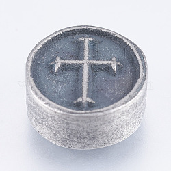 304 perline in acciaio inossidabile, piatta e rotonda con croce, argento antico, 10.5x5mm, Foro: 2 mm