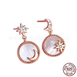 Boucles d'oreilles asymétriques lune et étoile en coquillage naturel avec zircone cubique transparente, 925 boucles d'oreilles pendantes en argent sterling pour femme, or, 32x20mm