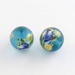 Flower Picture Frosted Glass Round Beads, with Gold Metal Enlaced, Dark Blue, 14x13mm, Hole: 1.5mm