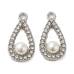 Alliage avec pendentifs en strass, avec abs imitation perle, charmes de larme, platine, 25x12x6.5mm, Trou: 2.2mm