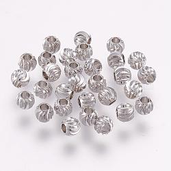 Brass Spacer Beads, Long-Lasting Plated, Corrugated Round, Platinum, 5x4mm, Hole: 2mm