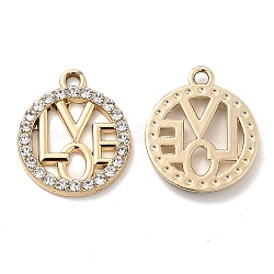 UV Plating Alloy Pendants, with Crystal Rhinestone, Flat Round with Word Love Charms, Golden, 19x16x2mm, Hole: 2x1.7mm
