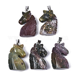 Pendentifs en agate indienne naturelle sculptée, avec des béquilles en acier inoxydable, licorne, couleur inoxydable, 38~41x11~14x24~25mm, Trou: 9x4mm