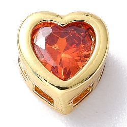 Brass inlaid Cubic Zirconia Slide Charms, Real 18K Gold Plated, Heart, Orange Red, 6.5x6.5x4mm, Hole: 0.8x2mm