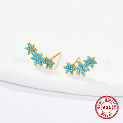 Cubic Zirconia Flower Stud Earrings, Golden 925 Sterling Silver Post Earings, Medium Turquoise, 12x5mm