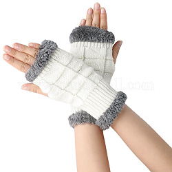 Fingerlose Strickhandschuhe aus Acrylfasergarn, Warme Winterhandschuhe mit flauschigem Rand und Daumenloch, weiß, 195x85~95 mm
