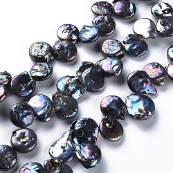 Naturales keshi abalorios de perlas hebras, perla cultivada de agua dulce, teñido, plano y redondo, acero azul, 10~28x10~19x4~12mm, agujero: 0.5 mm, aproximamente 38~82 pcs / cadena, 14.96~15.75 pulgada (38~40 cm)