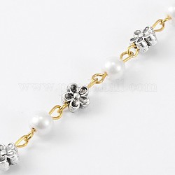 Chaînes en perles de verre rondes manuelles pour fabrication de bracelets et colliers, avec des perles de fleur en alliage de style tibétain et une épingle à oeil en fer, non soudée, blanc, 39.3 pouce