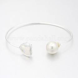 Bracelets de manchette en laiton plaqué couleur argent sans nickel, bracelets de couple, avec perle acrylique ronde, fumée blanche, 50x64mm