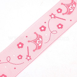 Crown Pattern Printed Polyester Grosgrain Ribbon, for Festival Decoration, Pink, 1 inch(25mm), about 100yards/roll(91.44m/roll)