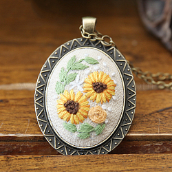 DIY Embroidery Flower Pendant Necklace Making Kit, Including Alloy Cable Chains & Pendant Cabochon Settings, Needle Pin, Cotton Thread, Plastic Embroidery Hoops, PapayaWhip, 460mm