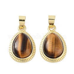 Natural Tiger Eye Pendants, Teardrop Charms with Rack Plating Brass Findings, Cadmium Free & Lead Free, 23x14.5x6mm, Hole: 4x6mm.