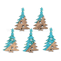 Pendentifs en résine transparente et bois de noyer, une feuille d'or, arbre de Noël, turquoise foncé, 38x25x3mm, Trou: 2mm