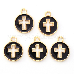 Light Gold Plated Alloy Enamel Pendants, Flat Round with Cross, Black, 15x12x1.5mm, Hole: 1.6mm