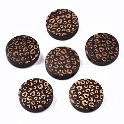Perles de bois naturel peintes, motif gravé au laser, plat rond avec imprimé léopard, brun coco, 15x4.5mm, Trou: 1.5mm