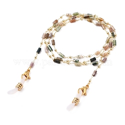 Eyeglasses Chains, Neck Strap for Eyeglasses, with Natural Moss Agate Column Beads, Brass Eye Pins, 304 Stainless Steel Lobster Claw Clasps and Rubber Eyeglass Holders, Golden, 27.5 inch(70cm)
