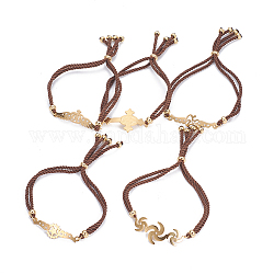 Bracelets réglables de bolo de corde en nylon, Bracelets coulissants, chaînes de boîte, avec accessoires de strass en 304 acier inoxydable, formes mixtes, or, brun coco, 8-7/8 pouce ~ 9-1/2 pouces (22.5~24 cm), 4~5mm