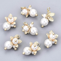 Pendentifs en plastique imitation perle ABS, avec accessoires en laiton plaqué 18k or véritable, fleur, blanc crème, 21x14x2mm, Trou: 2mm