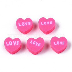 Perline polimero argilla fatto a mano, cuore con la parola amore, rosa caldo, 8~8.5x9~9.5x4.5mm, Foro: 1.8 mm