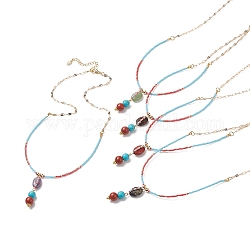 Ensemble de colliers pendentifs ovales en pierres précieuses mélangées naturelles et synthétiques de style 5pcs 5, colliers empilables en perles de verre avec chaînes en laiton pour femmes, 17.72 pouce (45 cm), 1pc / style