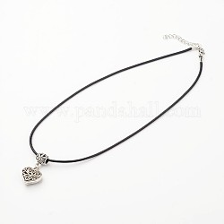 Heart Tibetan Style Alloy Pendant Necklaces, with Waxed Cord and Lobster Claw Clasps, Antique Silver, 17.7 inch