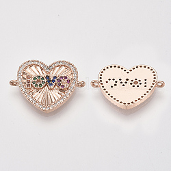 Connecteurs de liaisons en zircone cubique micro pavé en laiton, pour les bijoux de la Saint-Valentin, coeur avec l'amour des mots, colorées, Véritable plaqué or rose, 18x24.5x2.5mm, Trou: 1.2mm
