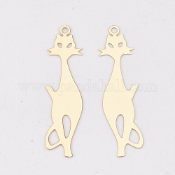 Brass Kitten Pendants, Etched Metal Embellishments, Long-Lasting Plated, Cat Silhouette Shape, Light Gold, 35.5x9x0.3mm, Hole: 1.5mm