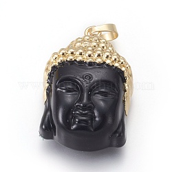 Colgantes de cristal, con fornituras de latón, cabeza de Buda, dorado, negro, 40x26.5x16.5mm, agujero: 5x8 mm