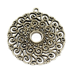 Тибетский сплав стиль полые плоские круглые большие подвески, без кадмия и без свинца, античное серебро, 53x49x2 мм, отверстие : 3 мм
