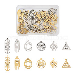 24Pcs 12 Style 304 Stainless Steel Pendants, Triangle & Oval & Flat Round & Hamsa Hand with Evil Eye, Golden & Stainless Steel Color, 15~27x8.5~15x1mm, Hole: 1.5mm, 2pcs/style