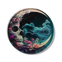 Opaque Acrylic Pendants, Flat Round with Moon and Skull, Pale Turquoise, 37.5~38x2mm, Hole: 1.6mm
