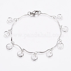 304 Stainless Steel Flat Round with Peace Sign Charm Bracelets, Bar Link Chain Bracelets, with Lobster Claw Clasps, Stainless Steel Color, 7-5/8 inch(19.5cm)