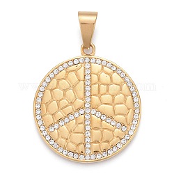 304 Stainless Steel Pendants, with Crystal Rhinestone, Textured, Peace Sign, Golden, 43x38x3mm, Hole: 6.5x12mm