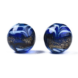 Perles vernissées de sable d'or manuelles , ronde, bleu moyen, 9~10x8~10mm, Trou: 1.6mm