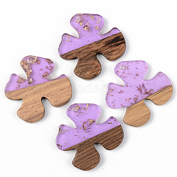 Transparent Resin & Walnut Wood Pendants, with Gold Foil, Flower, Lilac, 28x28x3mm, Hole: 2mm