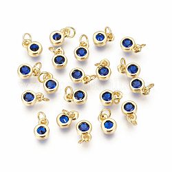 Brass with Single Cubic Zirconia Charms, Single Stone Charms, Flat Round, Golden, Blue, 6.5x4.5x2mm, Hole: 2.5~3mm