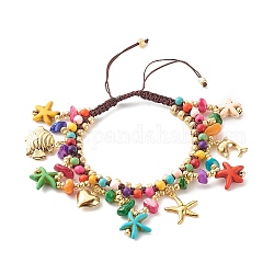 Bracelet de perles tressées sur le thème des animaux de l'océan, bracelet turquoise synthétique & coquillage naturel & perles de verre, Bracelet à breloques étoile de mer, cœur et dauphin pour femme, couleur mixte, diamètre intérieur: 2 pouce (5.2~8.7 cm)