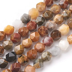 Chapelets de perles en bois pétrifié naturel, étoiles coupées perles rondes, facette, Sandy Brown, 7~8mm, Trou: 1mm, Environ 47~48 pcs/chapelet, 14.5 pouce ~ 15 pouces (37~38 cm)