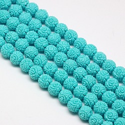 Synthetic Coral Beads Strands, Dyed, Round Beads Carved Flower Rose, Dark Turquoise, 16mm, Hole: 1mm, about 25pcs/strand, 15.74 inch