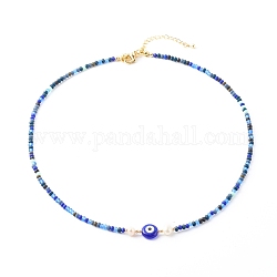 Verre collier de perles, avec des perles au chalumeau, Perles de nacre naturelle, Perles en laiton, fil d'acier, mauvais œil, bleu, 46.2x0.3 cm