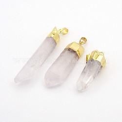 Natural Quartz Crystal Pointed Pendants, Rock Crystal, with Golden Plated Brass Finding, Faceted Bullet, 43~69x6~21x12~16mm, Hole: 5x8mm